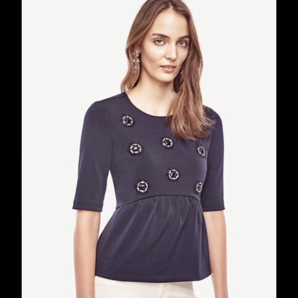 Ann Taylor Navy Blue Embellished Top
